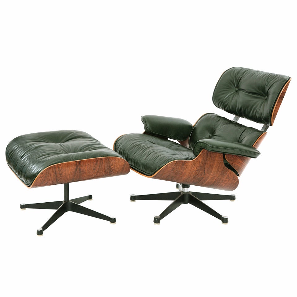 Charles and Ray Eames Green Leather Lounge Chair and Ottoman at 1stDibs