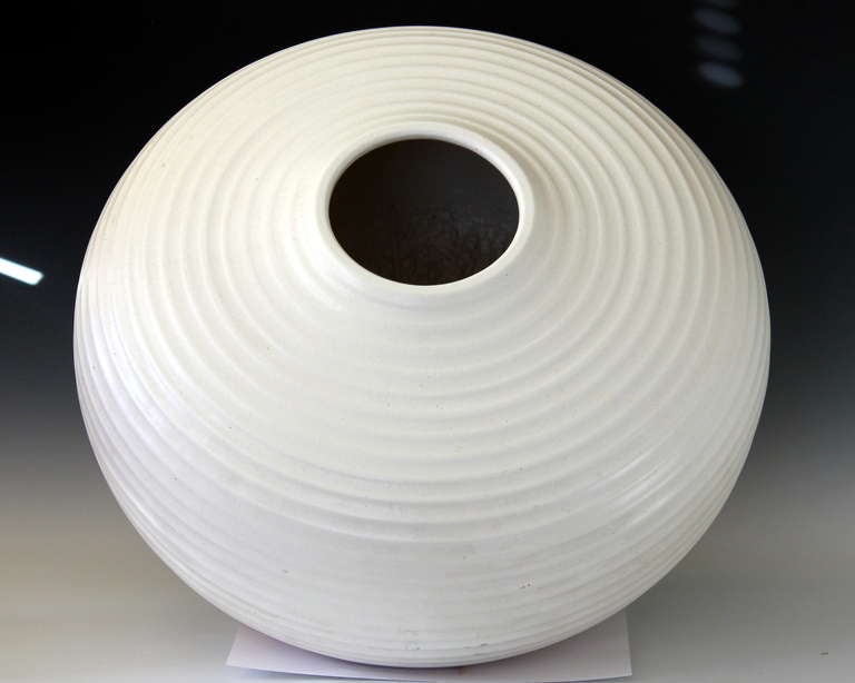 Large Ribbed Art Pottery Vase at 1stDibs