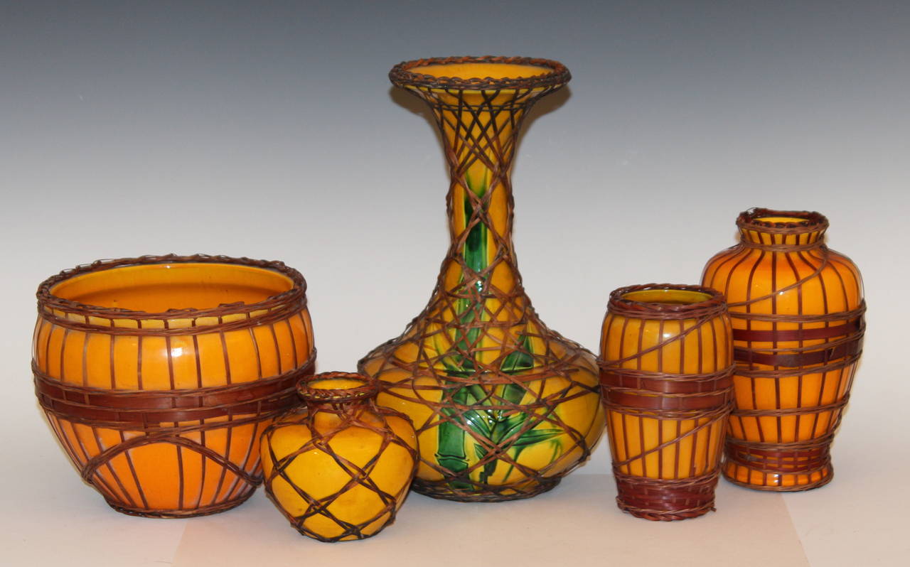 Yellow Art and Crafts Awaji Pottery with Bamboo Weaving at 1stDibs