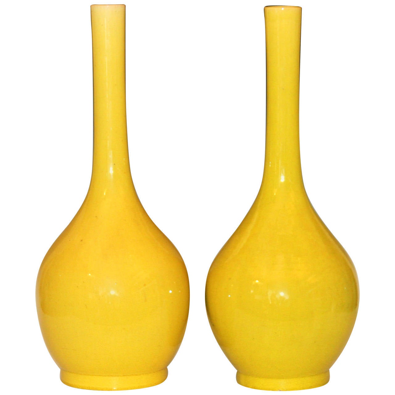 Large Pair of Antique Kyoto Pottery Bottle Vases in Acid Yellow Crackle