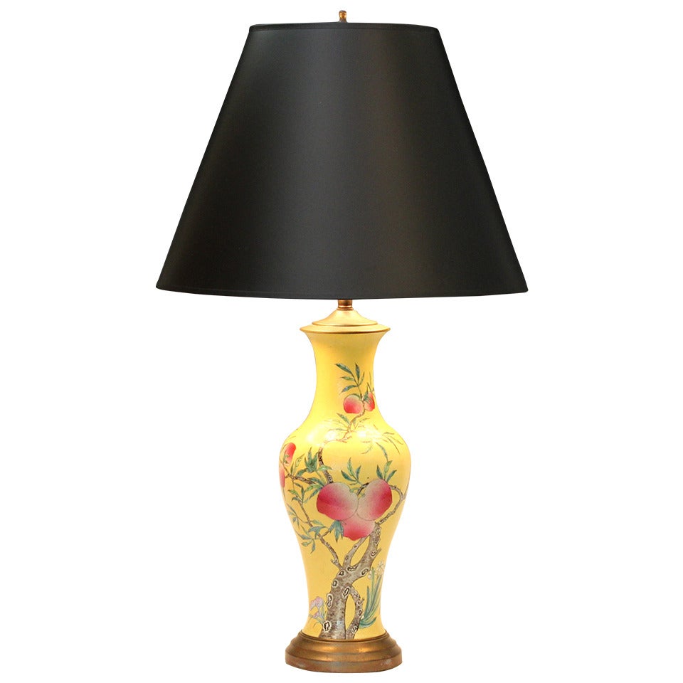 Antique Chinese Porcelain Incised Yellow Ground Peach Vase Lamp at 1stDibs