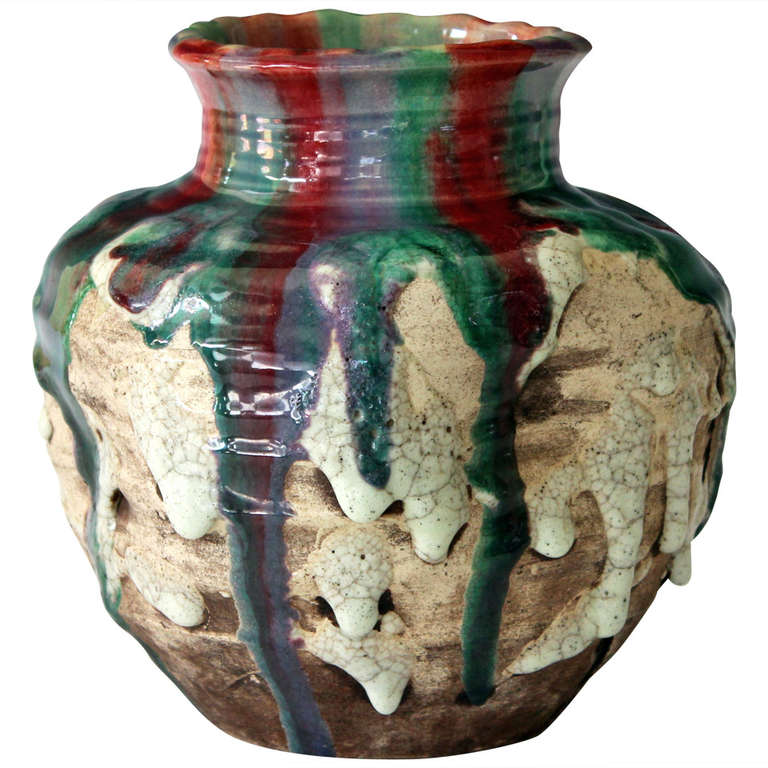 Awaji Pottery Vase with Frothy Polychrome Drip Glaze at 1stDibs