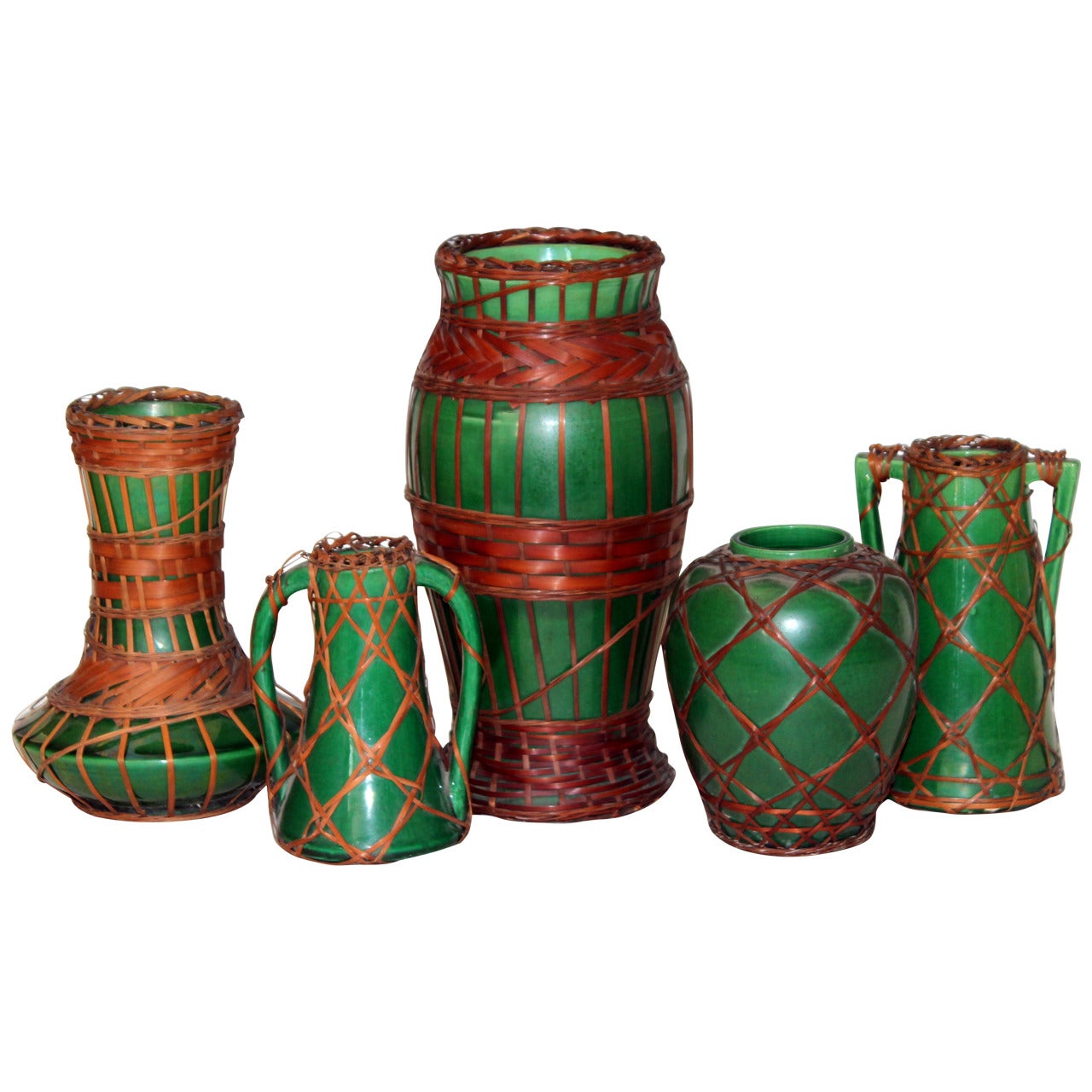 Green Arts and Crafts Awaji Pottery Vases with Bamboo Weaving at 1stDibs