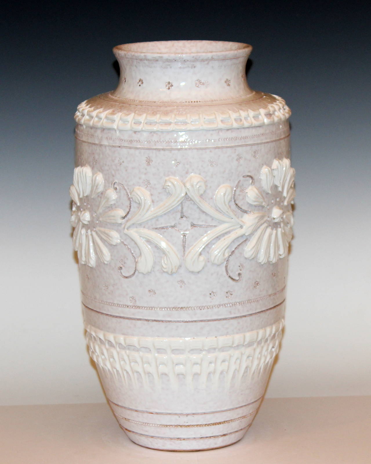 Vintage Italian Art Pottery Vase with White on White Decoration at 1stdibs