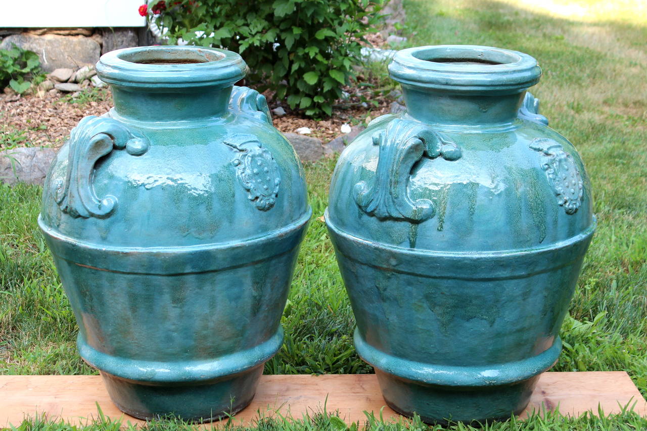Huge Pair Large Antique Galloway Terracotta Pottery Garden Urns Porch