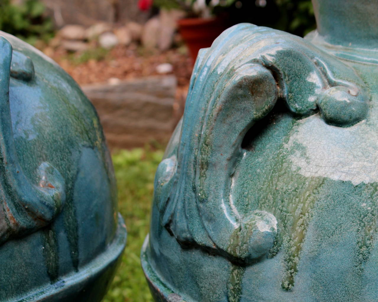Huge Pair Large Antique Galloway Terracotta Pottery Garden Urns Porch