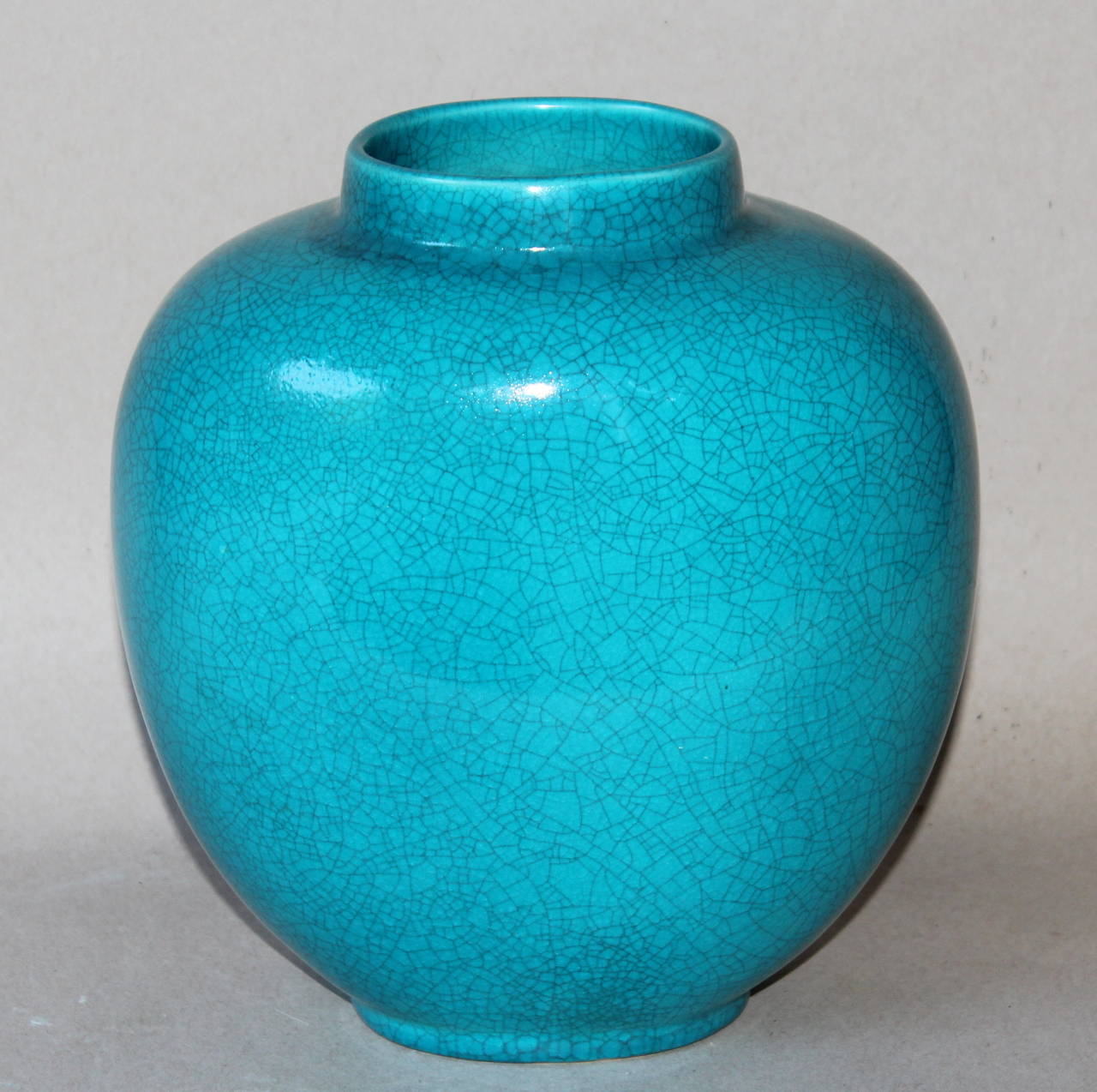 Vintage Boch Freres Art Deco Pottery, Turquoise Crackle Glaze Vase at