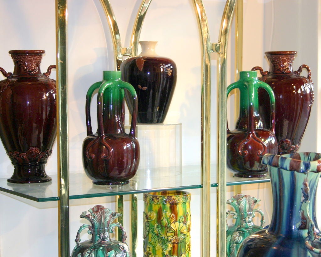 Pair of Antique Aubergine Kyoto Pottery Vases with Grape Vines For Sale at 1stdibs