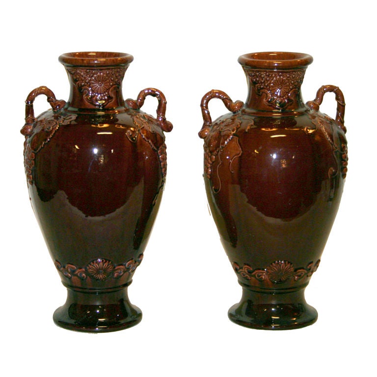Pair of Antique Aubergine Kyoto Pottery Vases with Grape Vines For Sale at 1stdibs