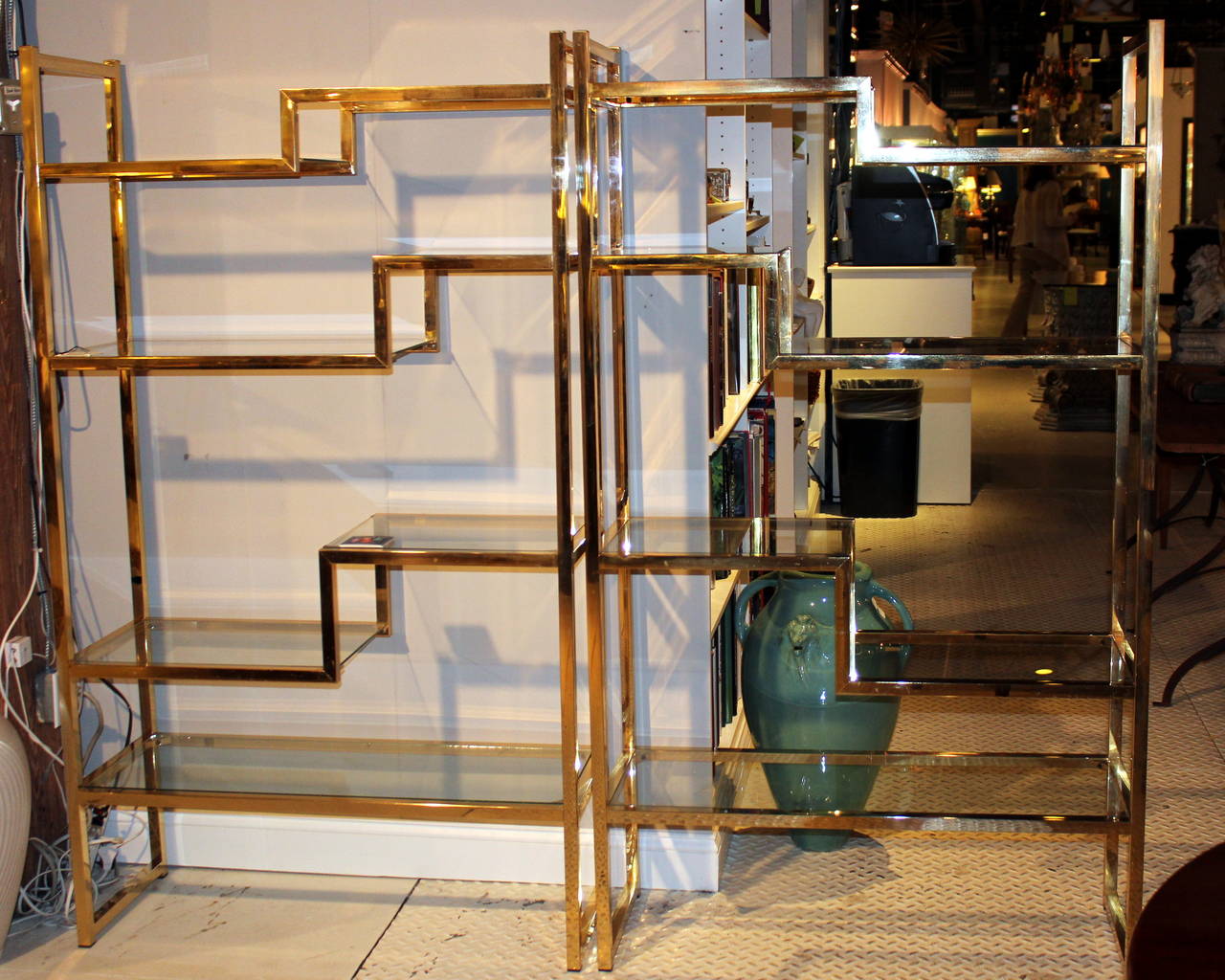 Pair of Vintage MidCentury Brass and Glass Display Shelf Étagères at