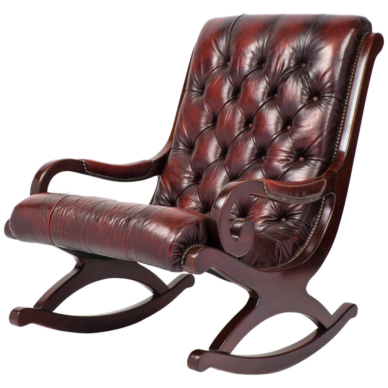 French Vintage Tufted Leather and Mahogany Rocking Chair For Sale at