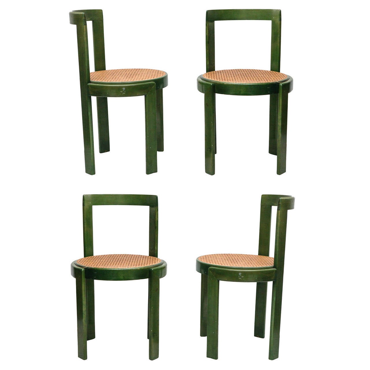 Set of Four Green Stain and Cane Round Seat Dining Chairs at 1stDibs