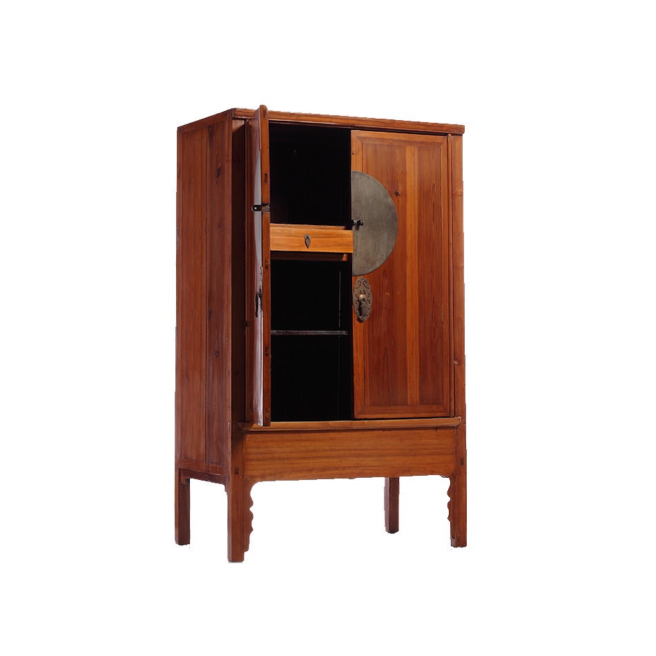 Large Elm Wood Armoire with Round Medallion Hardware For Sale