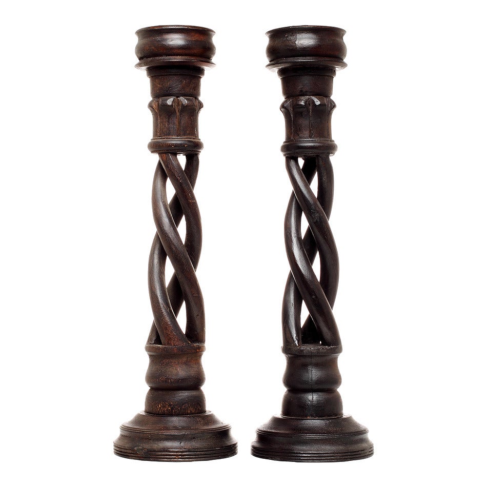 Pair of Vintage Indian Wooden Candlesticks with Spiral Design, 20th
