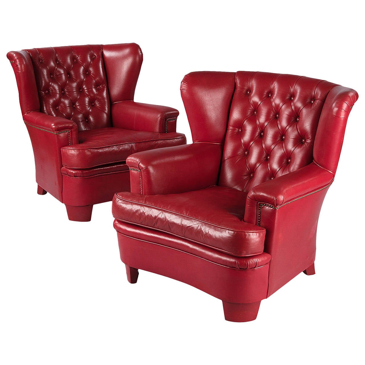 Pair of French Vintage Red Leather Wing Armchairs, 1960s at 1stDibs