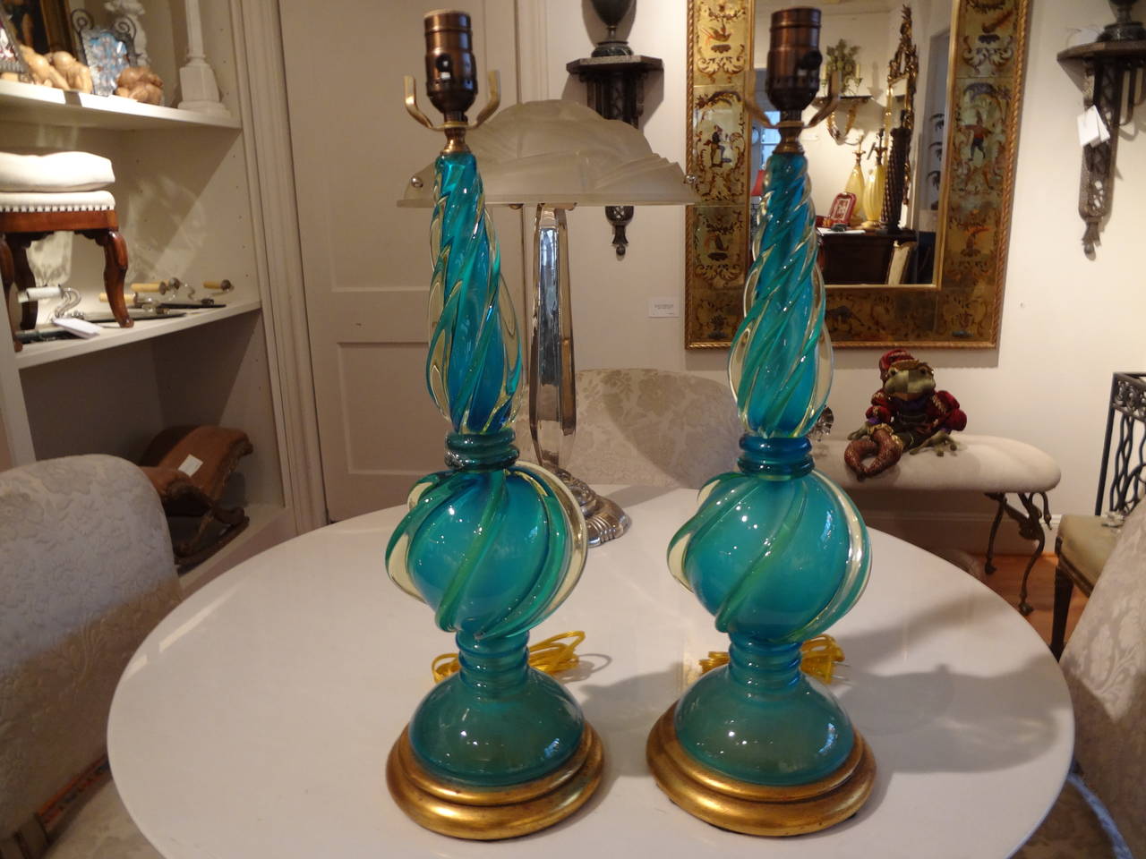 Pair of MidCentury Italian Blue Murano Glass Lamps by Seguso at 1stdibs