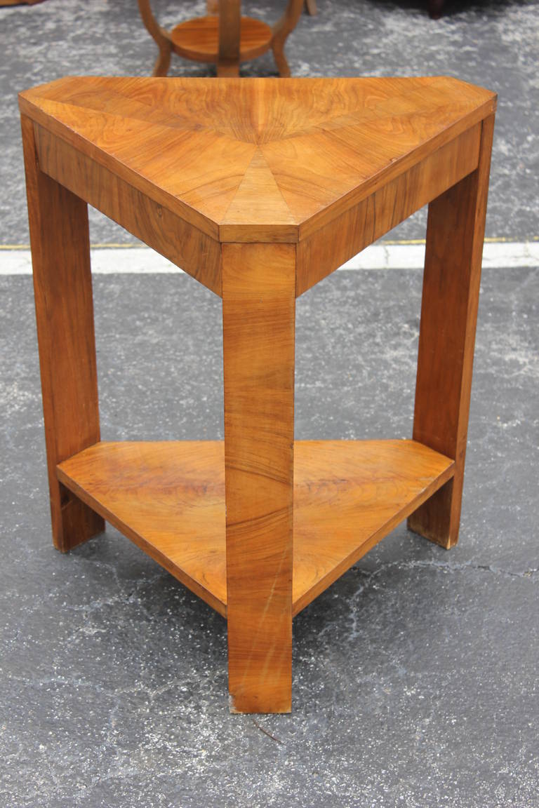 French Art Deco, Exotic Walnut Triangular Accent Table, circa 1940s at 1stDibs