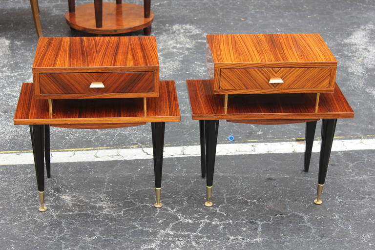 Pair French Art Deco Exotic Macassar Ebony Nightstands, circa 1940's at