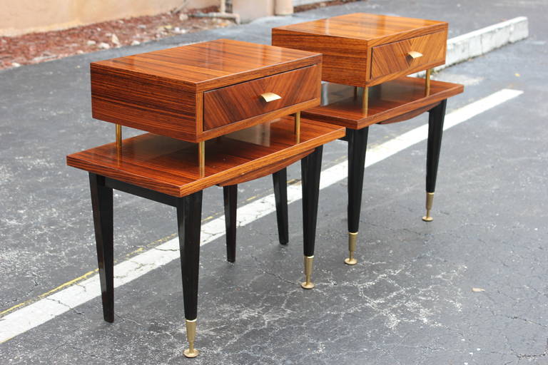 Pair French Art Deco Exotic Macassar Ebony Nightstands, circa 1940's at
