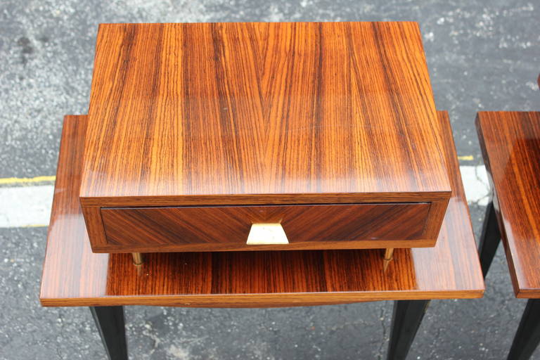 Pair French Art Deco Exotic Macassar Ebony Nightstands, circa 1940's at