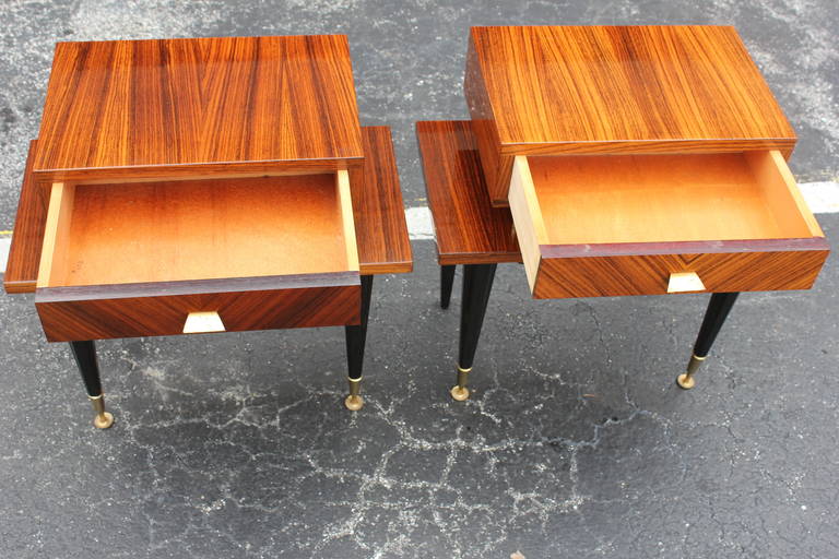 Pair French Art Deco Exotic Macassar Ebony Nightstands, circa 1940's at