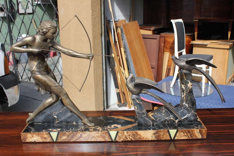 French Art Deco Patinated Metal Sculpture of Diana the Huntress by