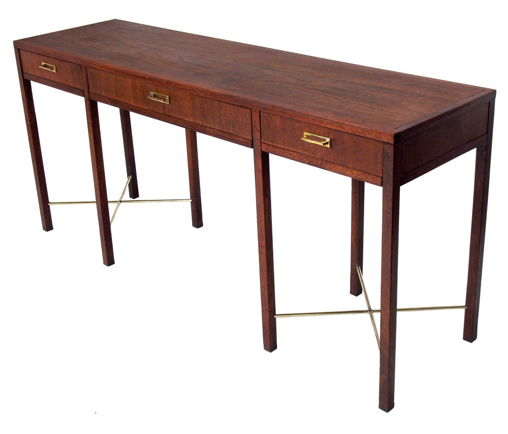 Clean Lined Walnut and Brass Console Table at 1stdibs