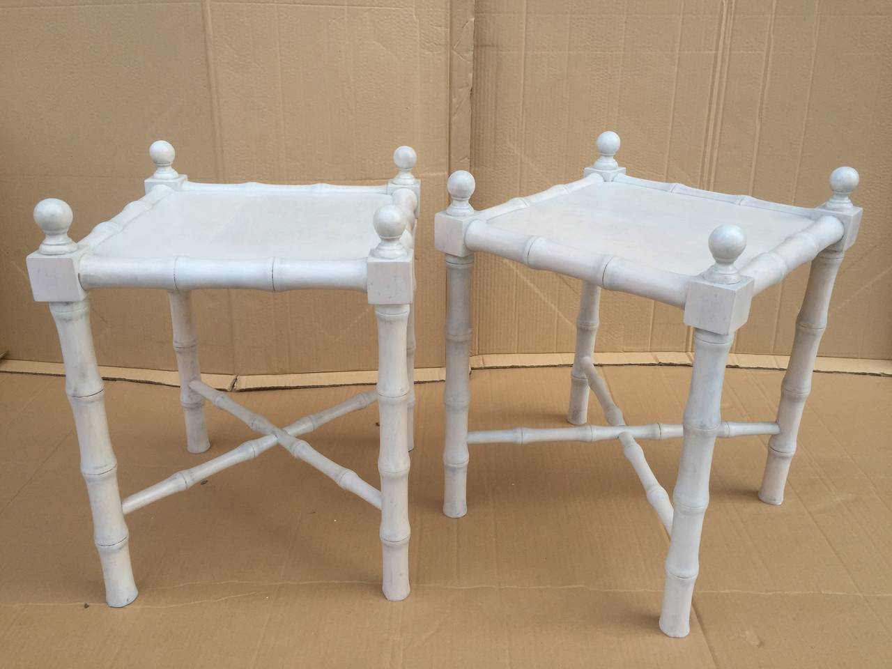 Pair of Petit Whitewashed Faux Bamboo Side Tables For Sale at 1stDibs
