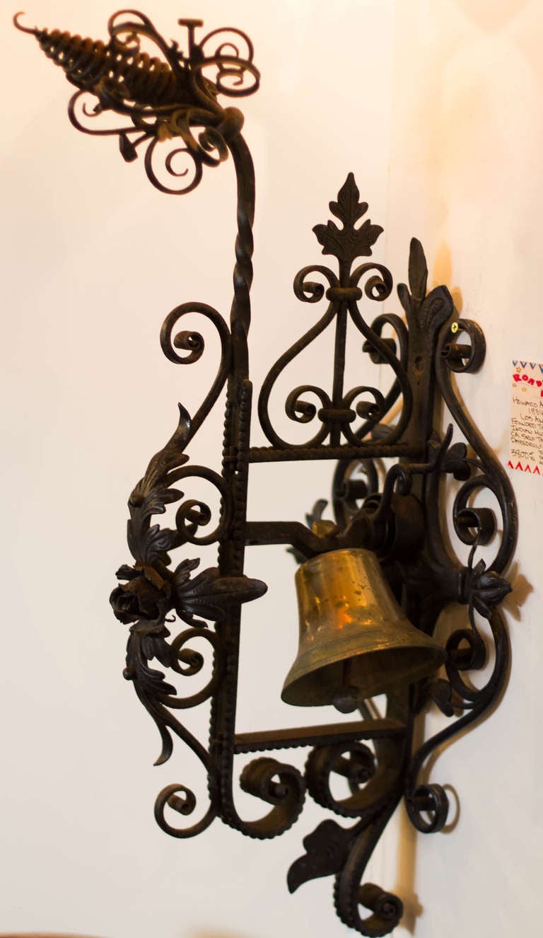 Spanish Revival Hand Wrought Iron Floral and Leaves Garden Gate Bell at