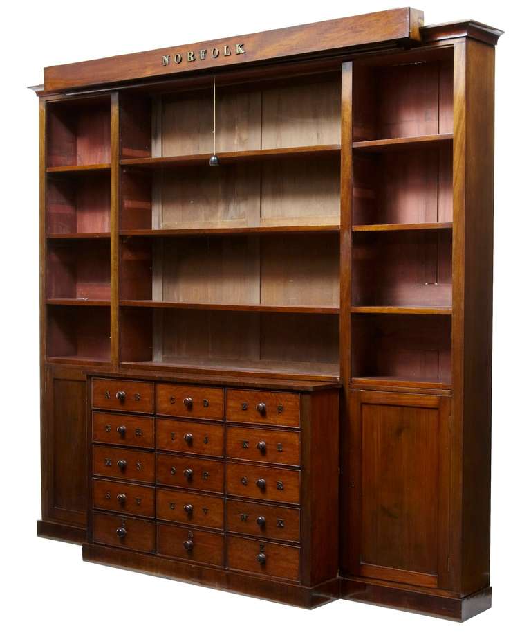 Rare 19th Century Mahogany Breakfront Bookcase with Norfolk Map at 1stdibs