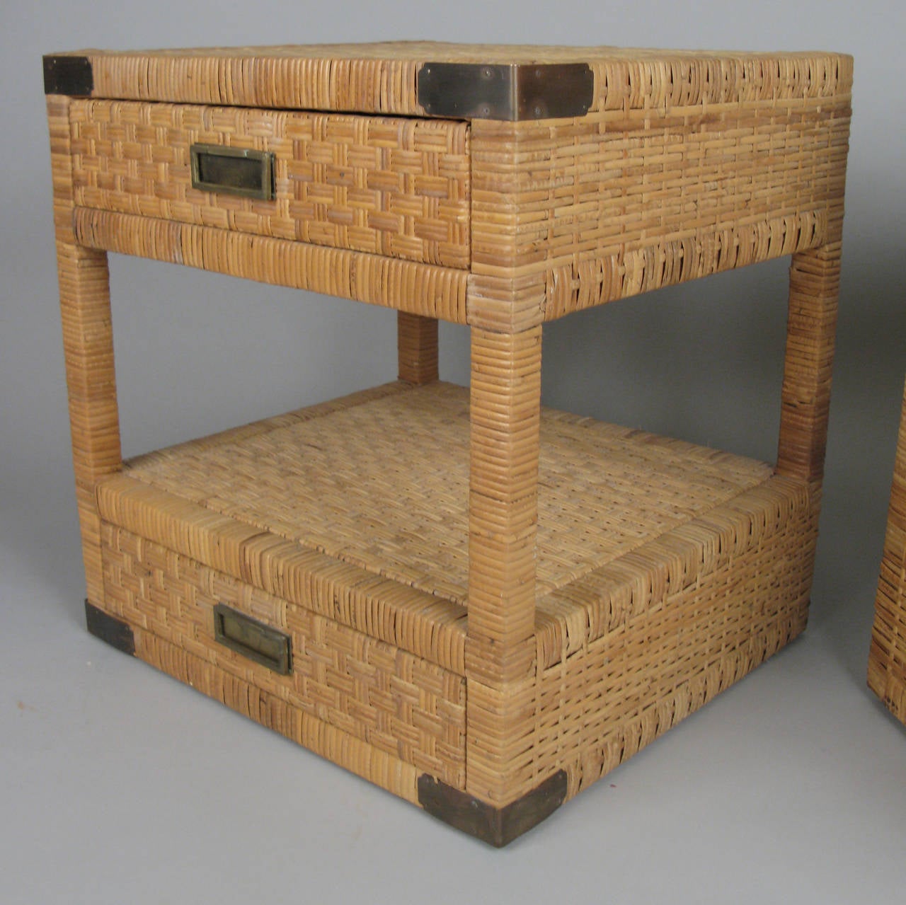 Pair of Vintage Rattan and Brass Nightstands at 1stdibs