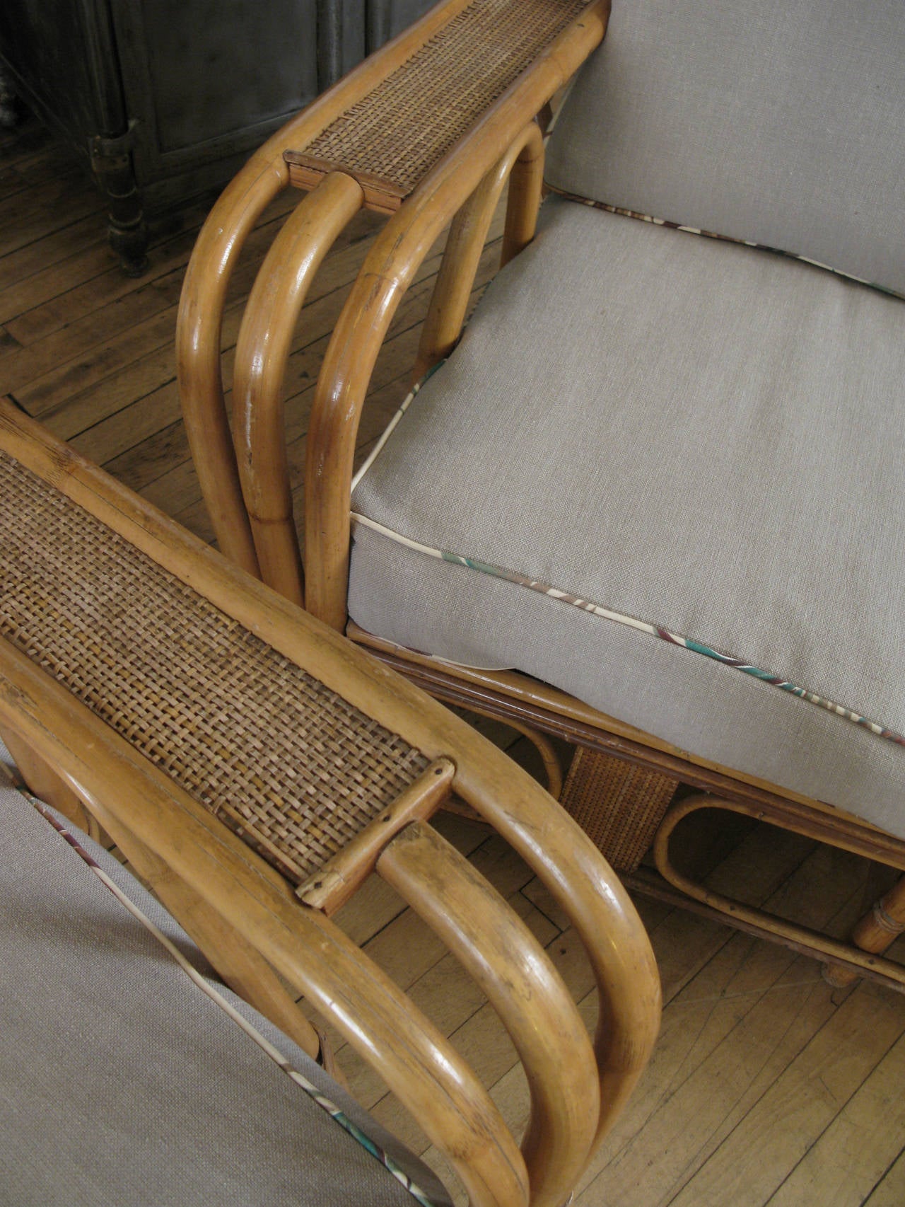 Vintage 1940s Rattan Sofa and Chair with Reversible Cushions at 1stDibs