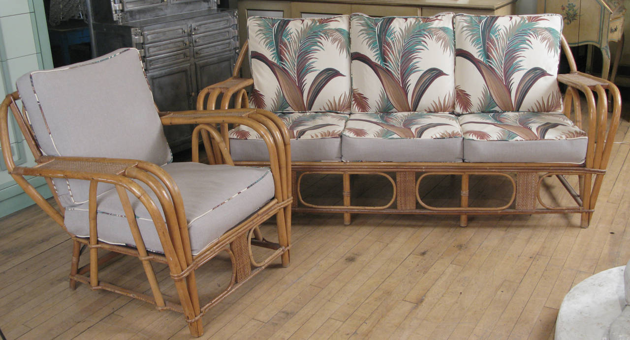 Vintage 1940s Rattan Sofa and Chair with Reversible Cushions at 1stDibs