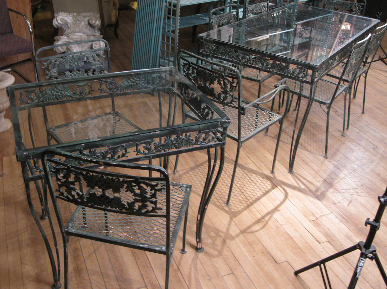 Vintage 1950s Wrought Iron Garden Set with Two Tables and Eight Chairs