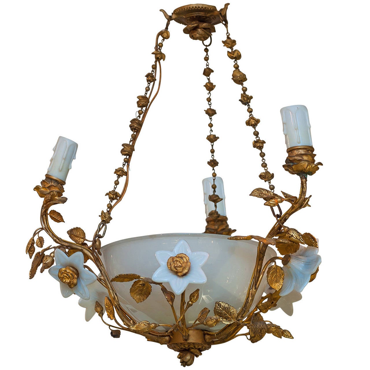 French Bronze and Crystal Chandelier with Porcelain Flowers For Sale at