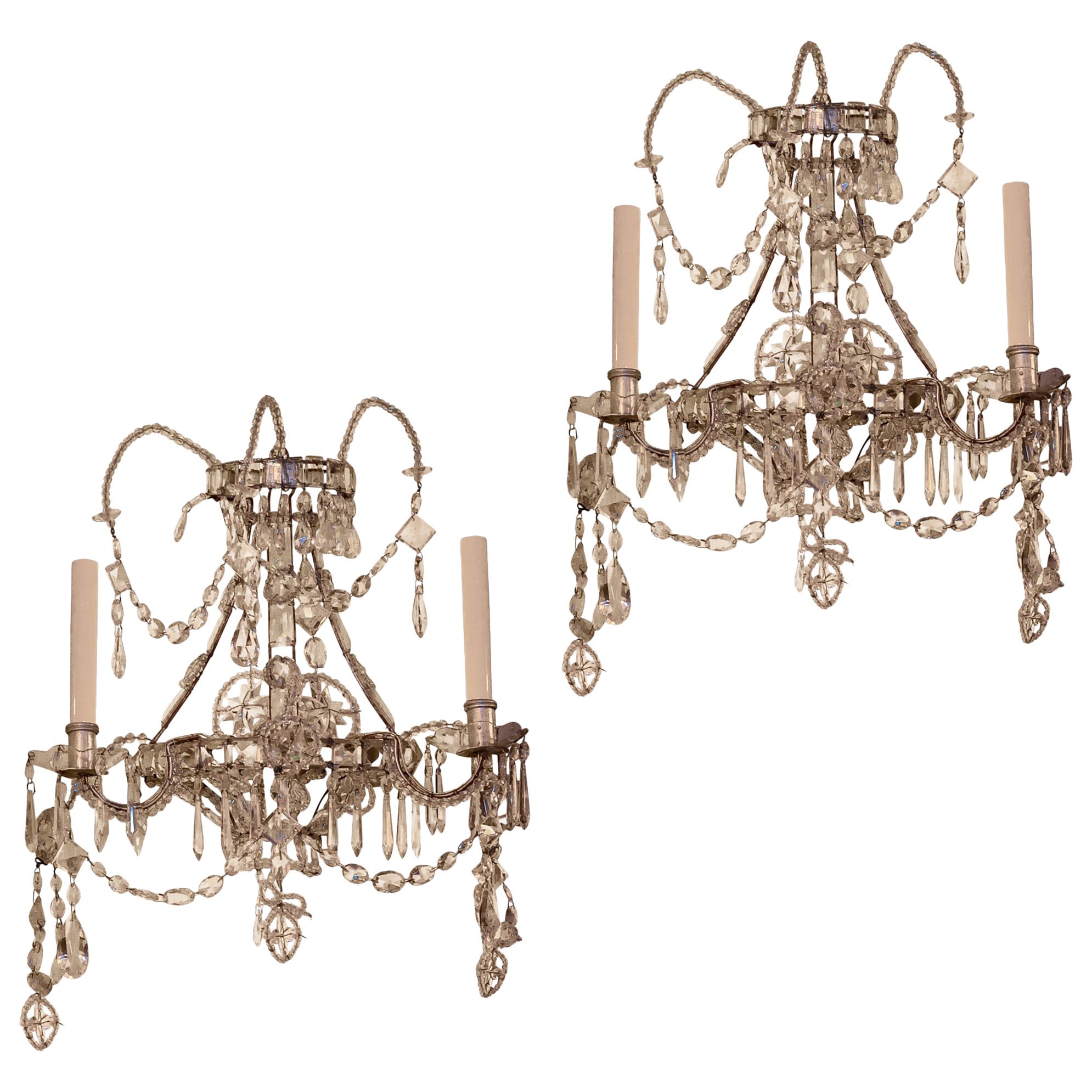 Pair of Style Crystal and Silvered Metal Wall Light Sconces