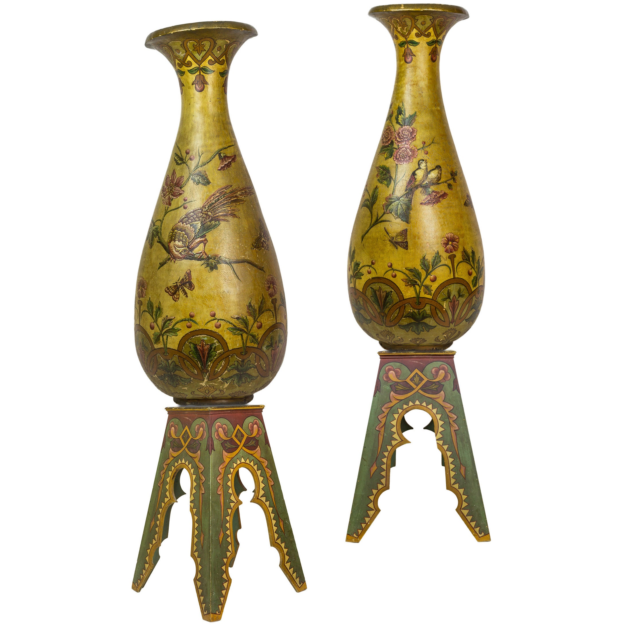 Large Pair of Pottery Porcelain Vases on Pedestals with Bird and Floral