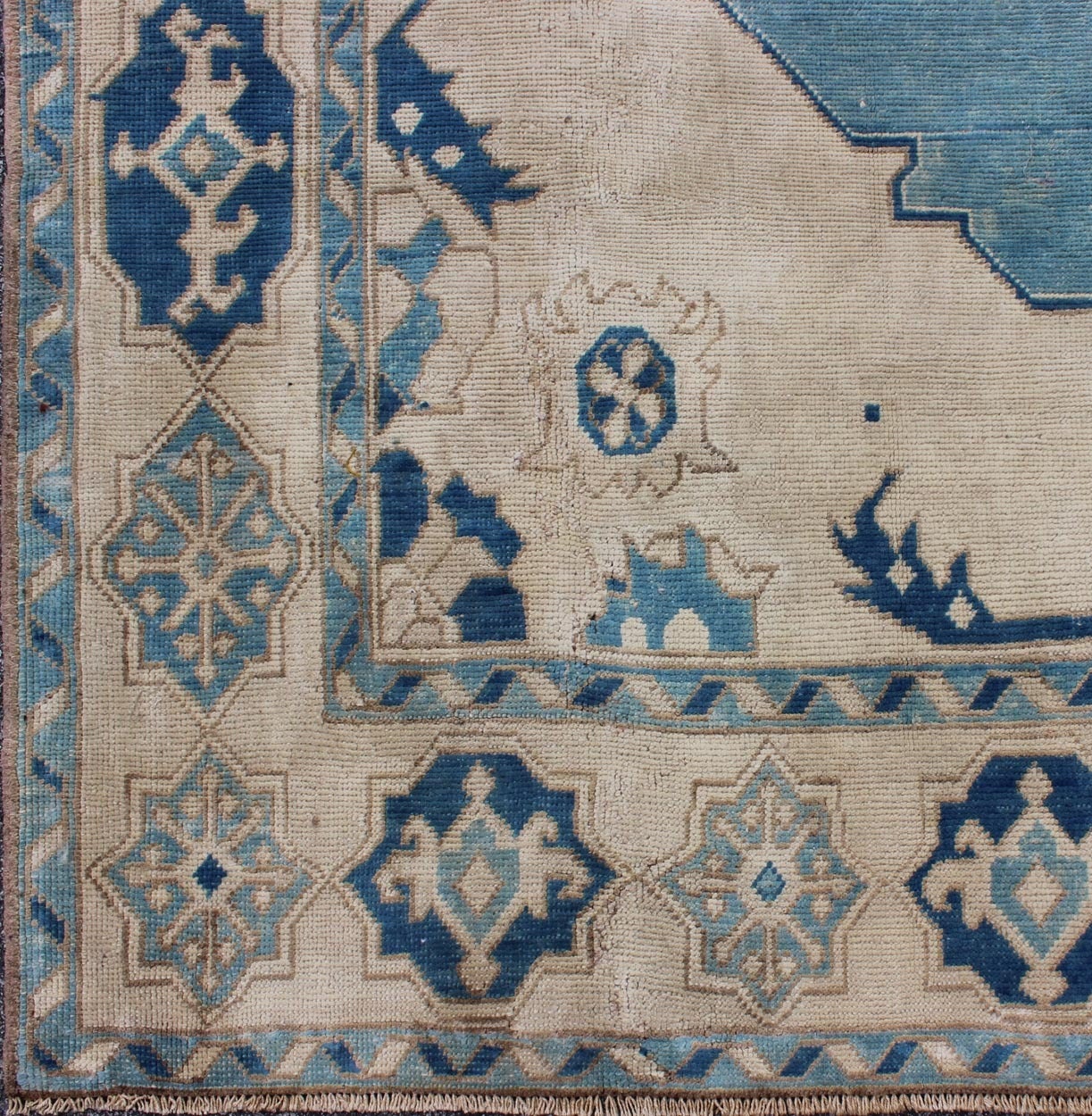 Vintage Turkish Rug with Central Medallion in Sky Blue, Ivory and Cream