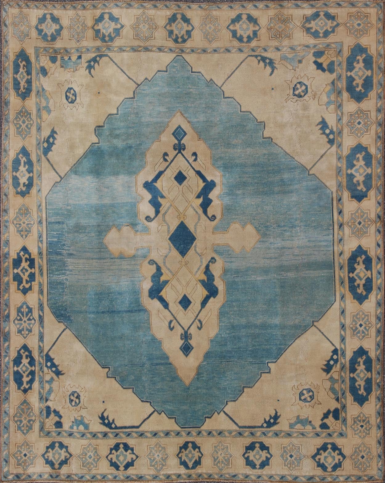 Vintage Turkish Rug with Central Medallion in Sky Blue, Ivory and Cream