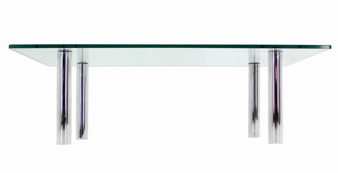 Mid Century Modern Chrome Cylinder Legs Glass Rectangular Coffee Table