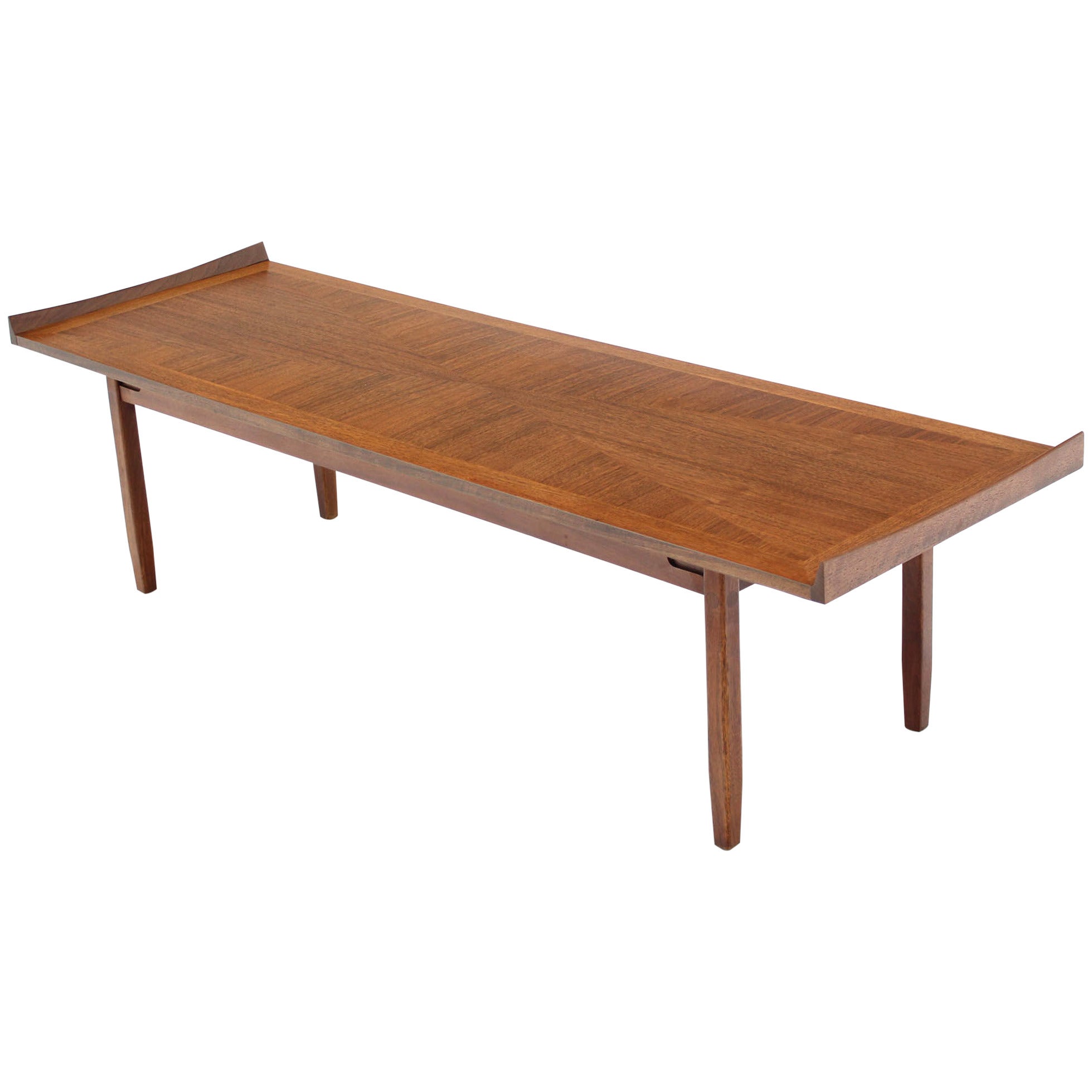 Danish Modern Long Rectangle Walnut Coffee Table Rolled Ends For Sale