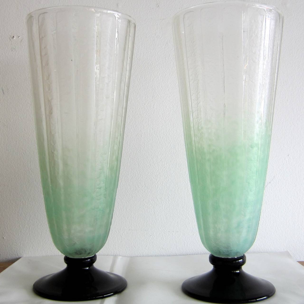 Pair of Art Deco Pale Green Frosted Glass Vases by Schneider at 1stDibs