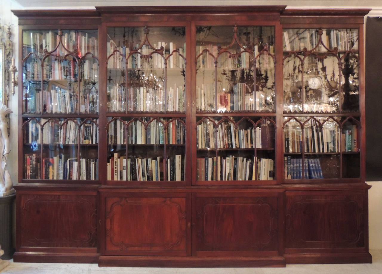 Monumental 19th Century Irish Chippendale Mahogany Breakfront Bookcase