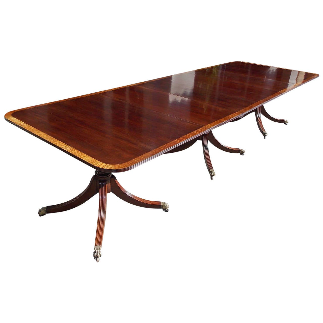 English Mahogany Inlaid Triple Pedestal Dining Room Table, Circa 1830