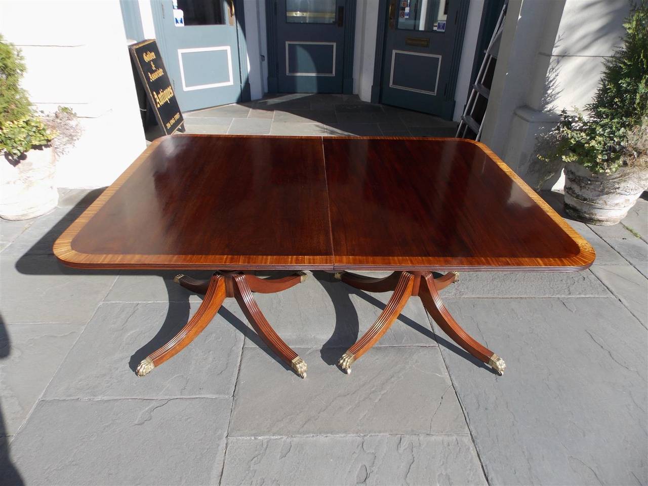 3 Pedestal Dining Room Table English Mahogany Inlaid Triple Pedestal Dining Room Table, Circa 1830