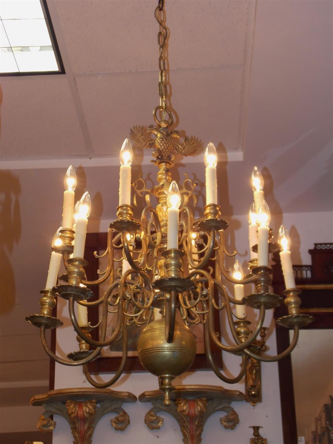 Prussian Brass TwoTiered Double Eagle Medallion Chandelier, Circa 1880