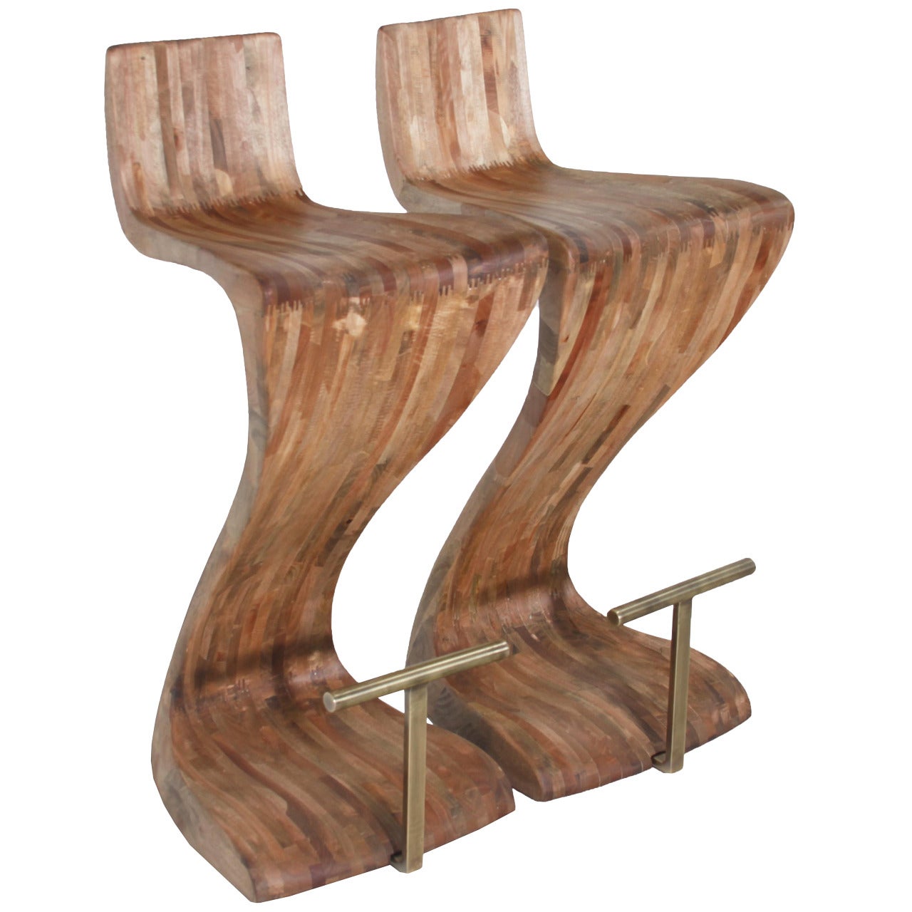Pair of Sculptural Wood Bar Stools with Solid Brass Foot Rests at 1stDibs