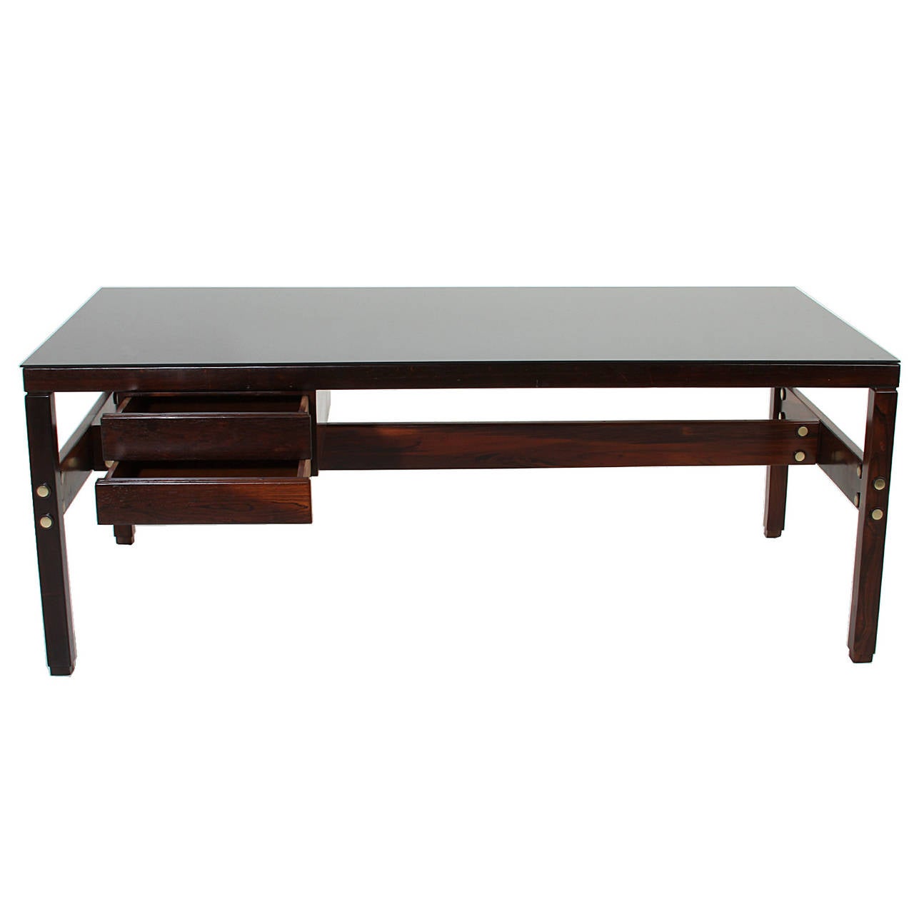 Sergio Rodrigues Rosewood and Brass Executive Desk with Black Glass Top