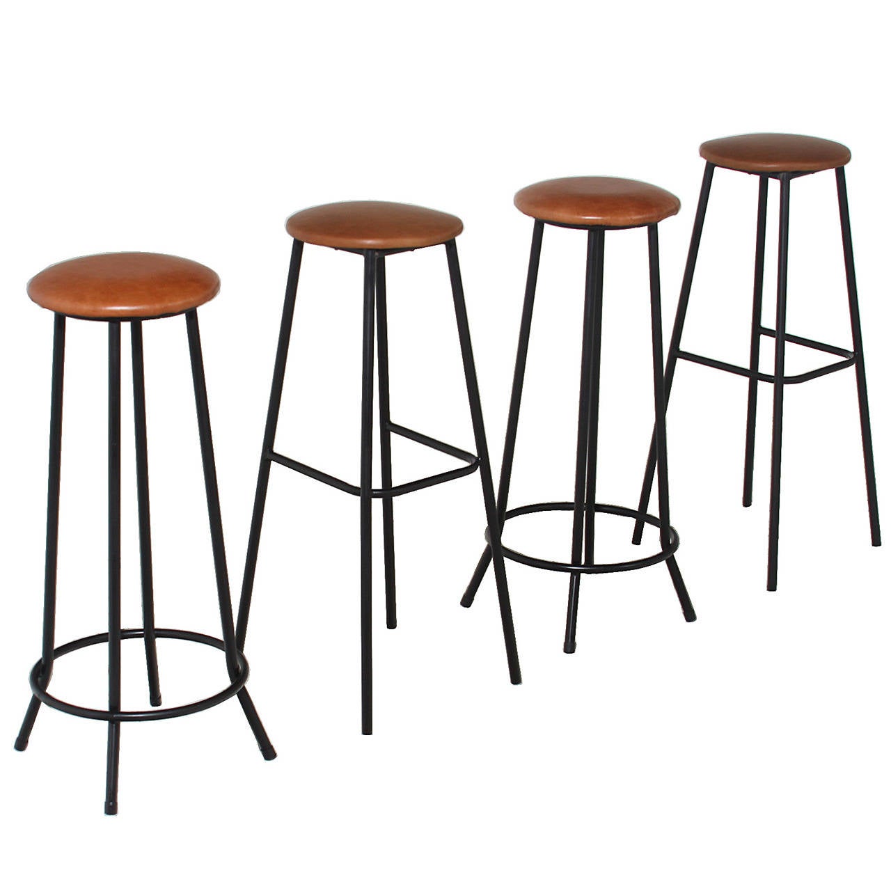 Set of 4 MidCentury Tall Iron and Leather Stools with Straight and