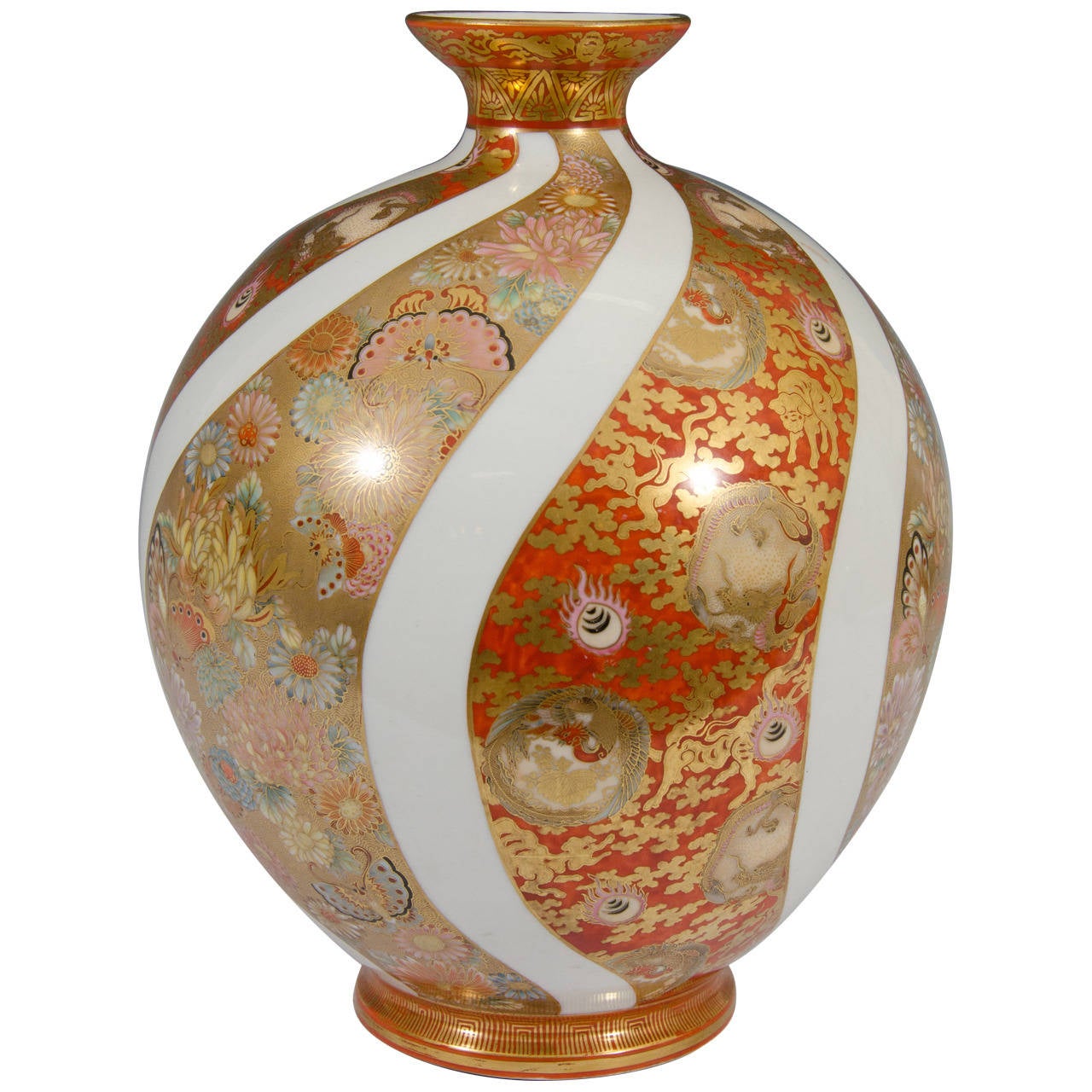 Japanese Porcelain Kutani Oval Vase with Thick White Stripes at 1stDibs